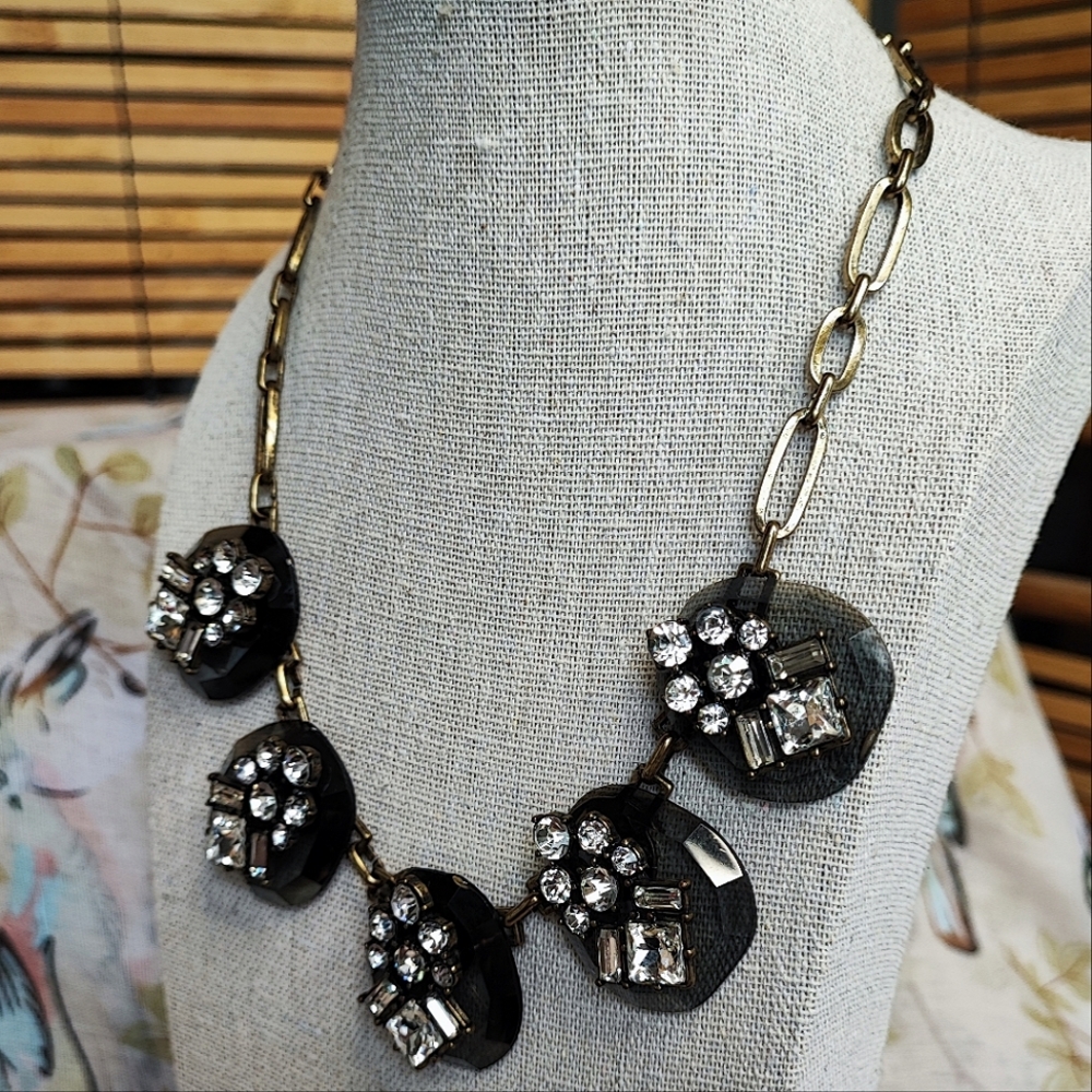Transparent Acrylic Smoke Clear Rhinestone Oxidized Brass Statement Necklace - Picture 2 of 13